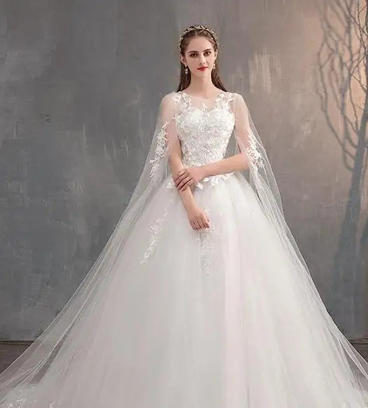 Elegant White Princess Wedding Dress Lace Applique Cape Sleeve Tulle Ball Gown with Long Train Bridal Gown MegaBDM