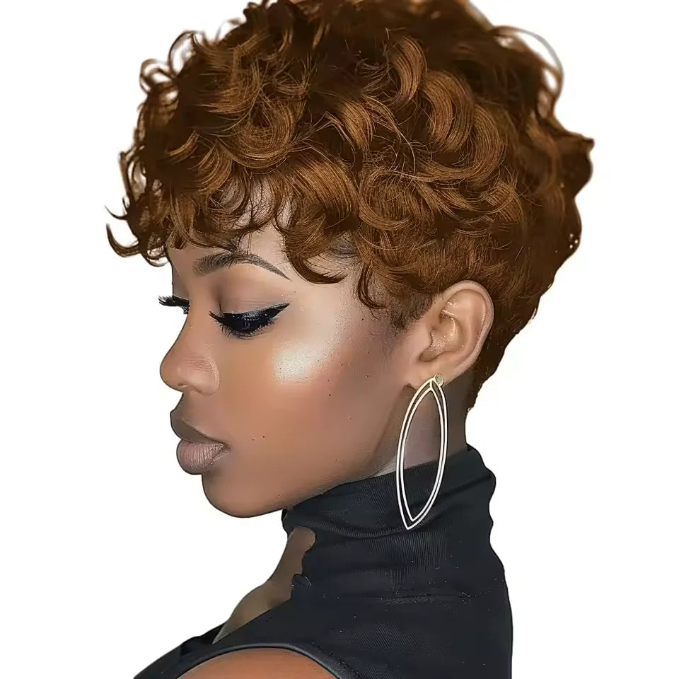 180% Density 4Inch Pixie Cut Curly Wave Human Hair Wig for Women Full Machine Made Wig for Daily Wear and Party MegaBDM