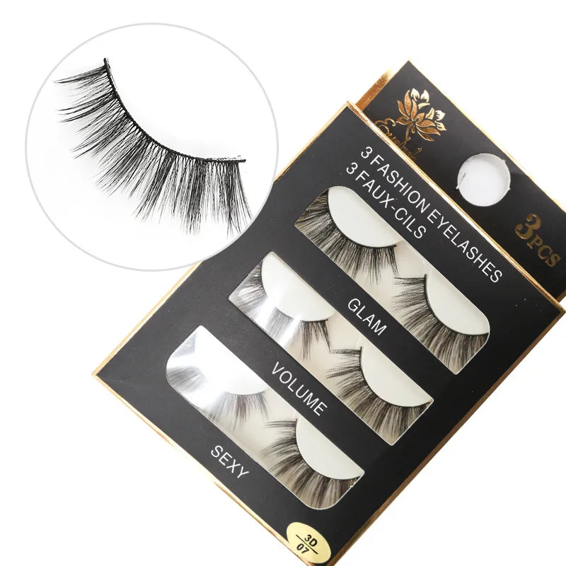Wholesale Handmade 3-Pairs 3D Faux Mink Eyelashes Naturally Long False Eyelashes with Black Paper Box MegaBDM