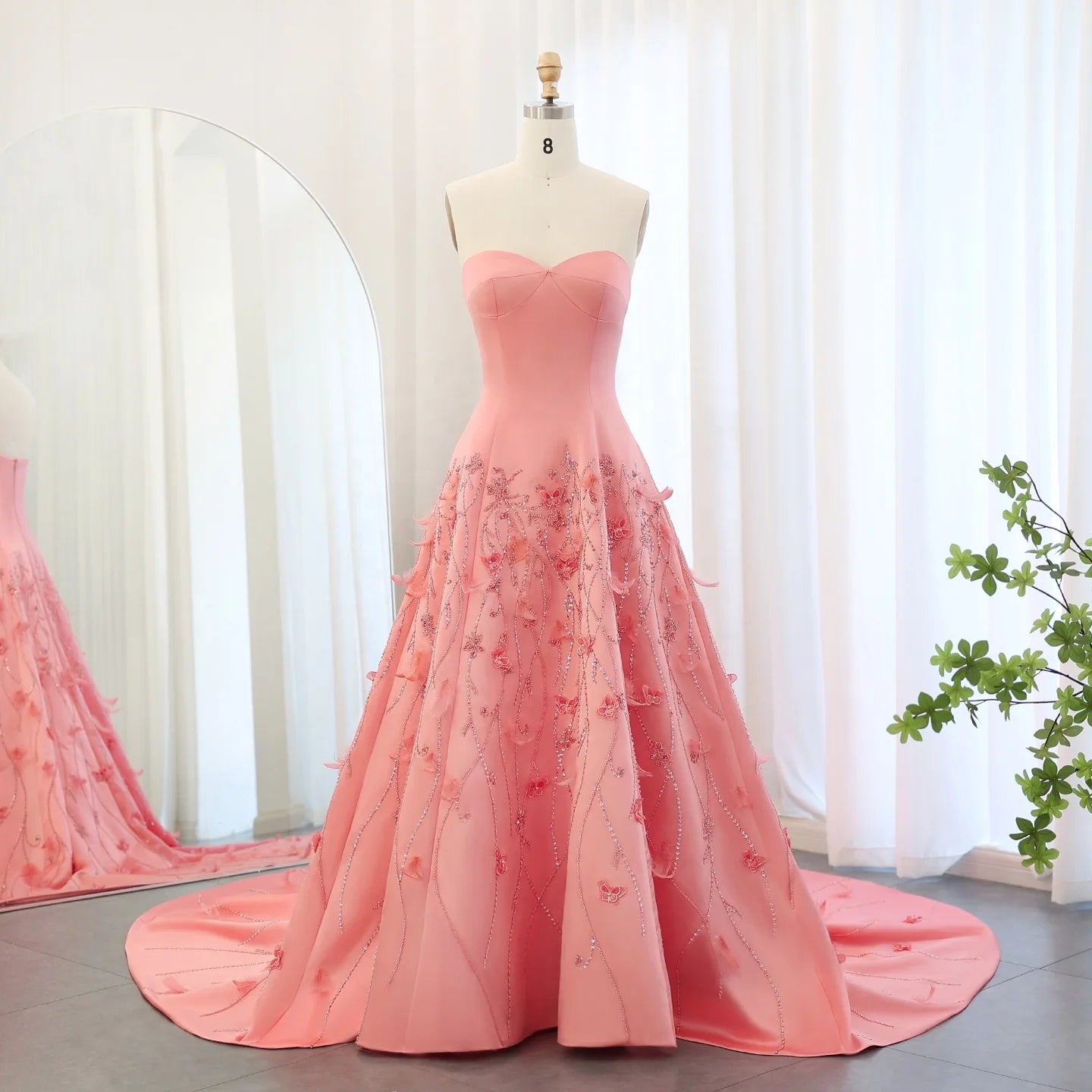 Jancember SZ470 Luxury Strapless Appliqued Flower A-line Evening Dresses With Long Train