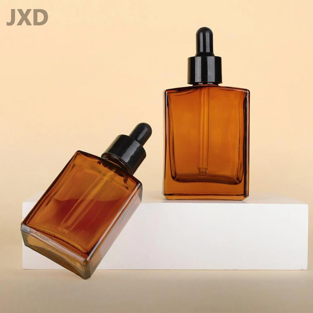 JUXINDA Fashion 30-100ml Amber Glass Bottle Perfume Bottle square Essential Oil Bottle Skincare Serum Dropper Dispenser.