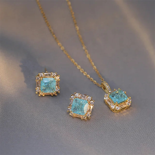 Creative Light Luxury Fashion Blue Fairy Geometry Zircon Pendant Temperament Titanium Steel Set Necklace  Recyclable