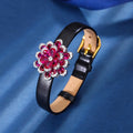 New Luxury Double Layer Flower Design Jewelry Set Pink Ruby Lab Diamond Pendant Necklace Earrings Ring Leather Bracelet 4 Pieces MegaBDM