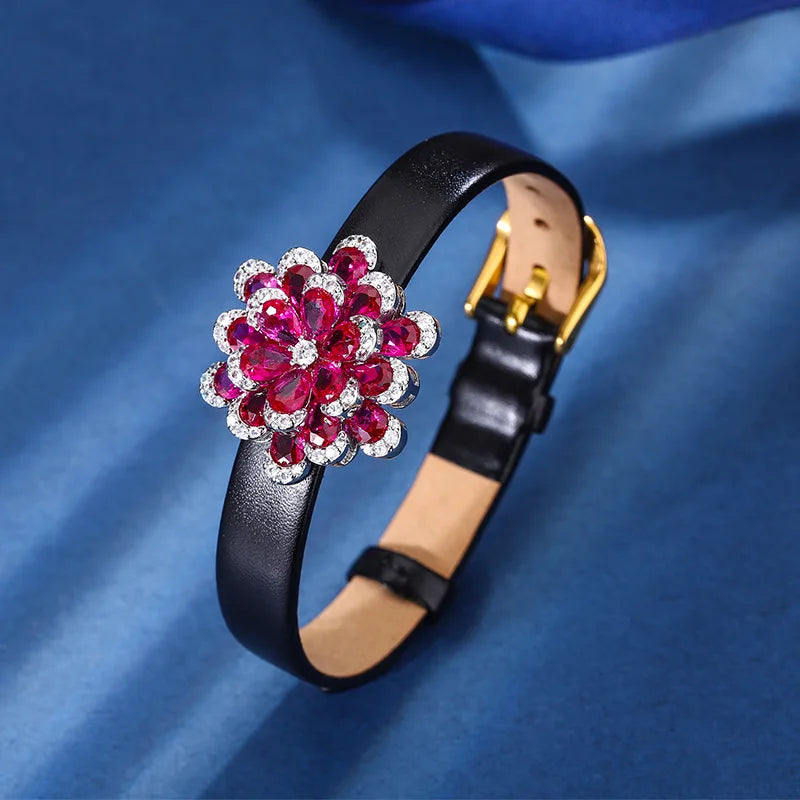 New Luxury Double Layer Flower Design Jewelry Set Pink Ruby Lab Diamond Pendant Necklace Earrings Ring Leather Bracelet 4 Pieces MegaBDM
