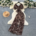 Summer Women's Casual Sets V-Neck Puff Sleeve Tunic Top And High Waist Printed Pants Set Ropa Wholesale