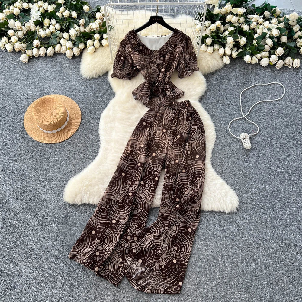 Summer Women's Casual Sets V-Neck Puff Sleeve Tunic Top And High Waist Printed Pants Set Ropa Wholesale