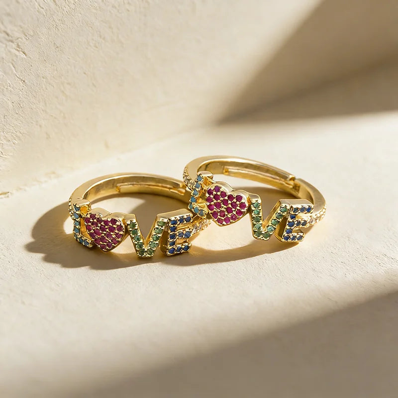 QIKU Letter LOVE Colorful Rhinestone Opening Adjustable Rings Women Copper Zircon Jewelry Romantic Gift Wholesale Dropshipping