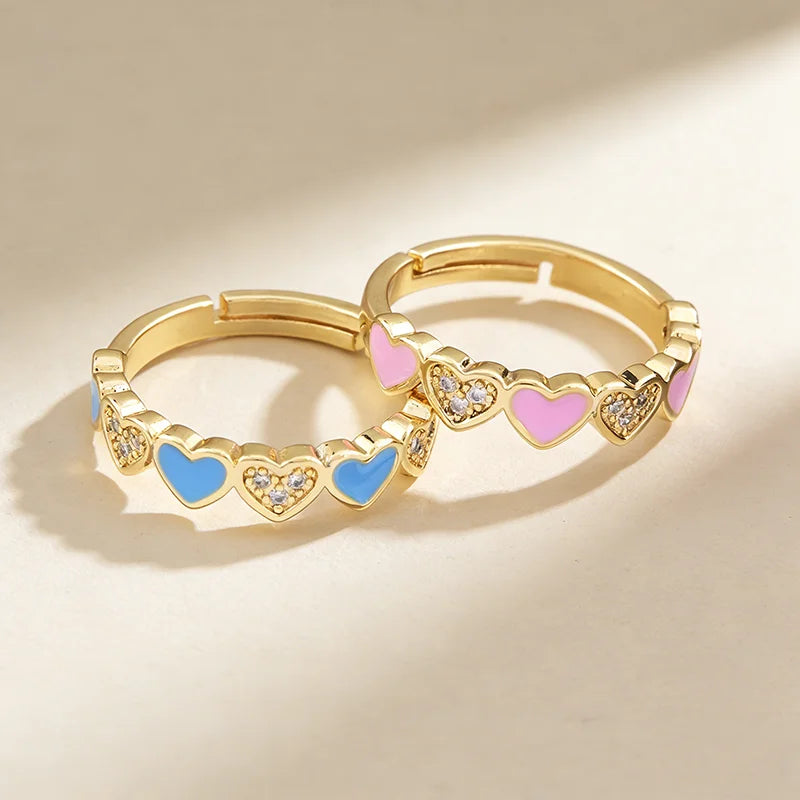 QIKU Trendy Enamel Color Multi Heart Crystal Adjustable Rings Jewelry Copper Zircon Charm Women Wedding Party Gift Dropshipping
