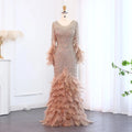 Jancember LSZ076 Crystal Muslim Long Sleeve Evening Mermaid Prom Dresses With Feather