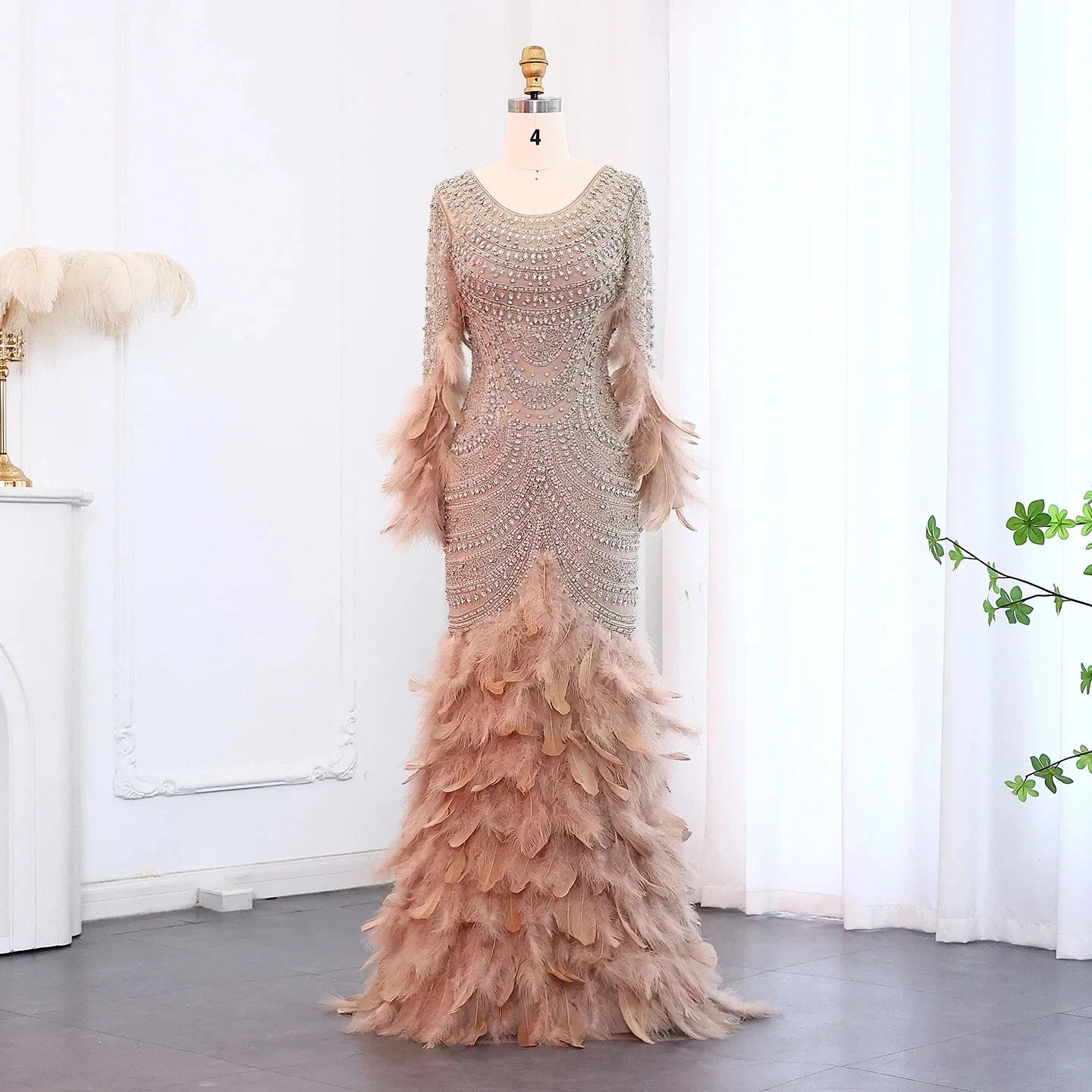 Jancember LSZ076 Crystal Muslim Long Sleeve Evening Mermaid Prom Dresses With Feather