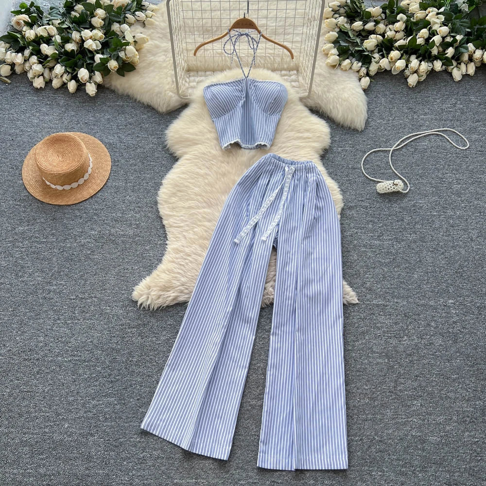 Summer Women's Y2K Sets Halter Top And High Waist Patchwork Floral Printed Lace Set Jogging Suits Wholesale