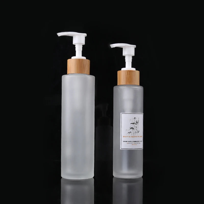 15ml20ml 30ml 50ml 80ml 100ml 120ml 150ml Bamboo Pump Glass Spray Lotion Pump Bottle Bamboo Lid Pump Bottle Frosted Glass