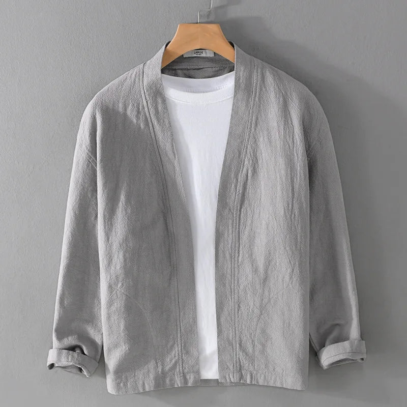RNSHANGER Autumn 60% Ramie 40% Cotton High-quality Long-sleeve Jacket Chinese Style Solid Color V-neck Buttonless Shirt Jacket MegaBDM