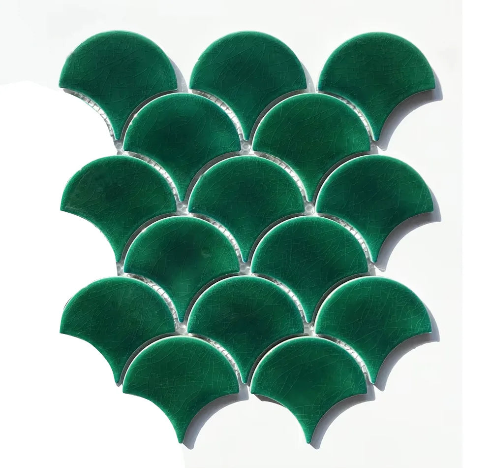 DS Modern Dark Green Thick Ice Crackle Fan Scale Indoor Wall Tile Backsplash Mosaic Ceramic Swimming Pool Tiles