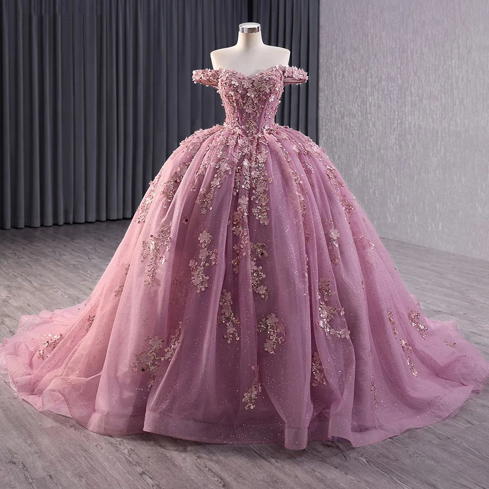 Jancember 241028 Glaromous Off Shoulder Appliqued Flower Quinceanera Dresses for Women