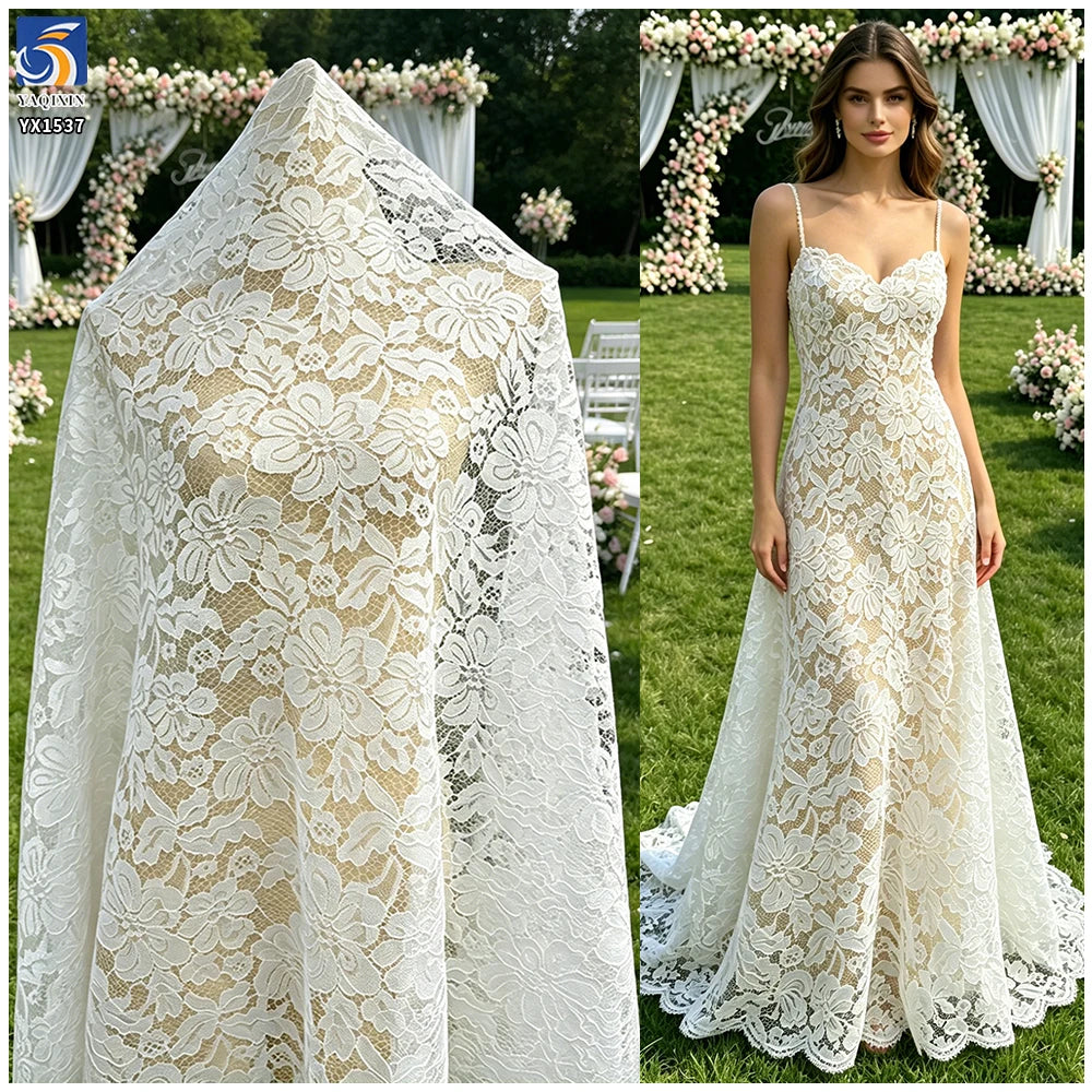 YX1537 Large Floral Corded Lace Fabric 120GSM Non Stretch Polyester Warp Knit Material for Wedding Dresses MegaBDM
