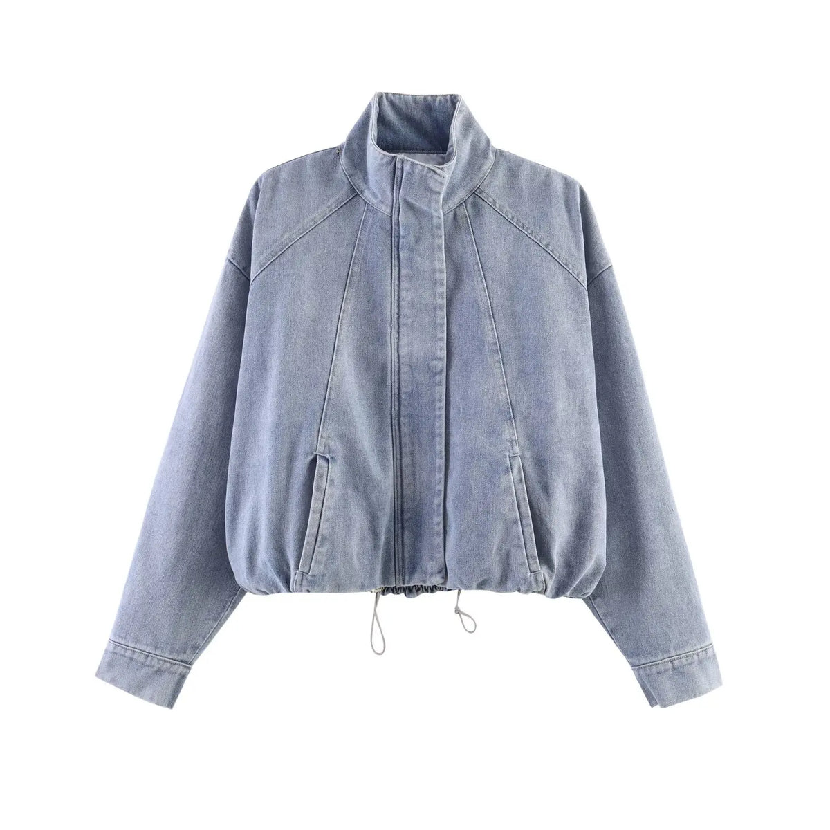 SHENZHU 2026 Summer Retro Women's Casual Loose Stand Collar Puff Hem Long Sleeve Denim Bomber Jacket 0108030 MegaBDM