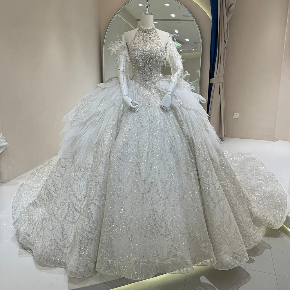 For Jancember DW0050 Women's Wedding Ball Gown Princess Halter Feather Floor-Length Dress Natural Waistline Ruffles Pleats Decor