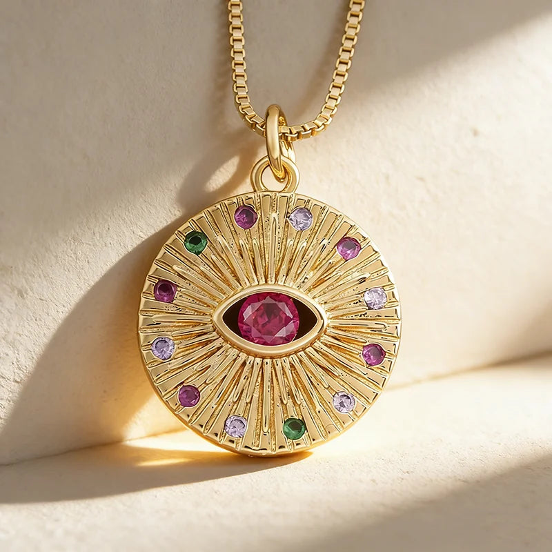 QIKU Fashion Bohemia Rainbow Eye Crystal Pendant Gold Color Rhinestone Women Necklace Jewelry Personalized Custom Wholesale