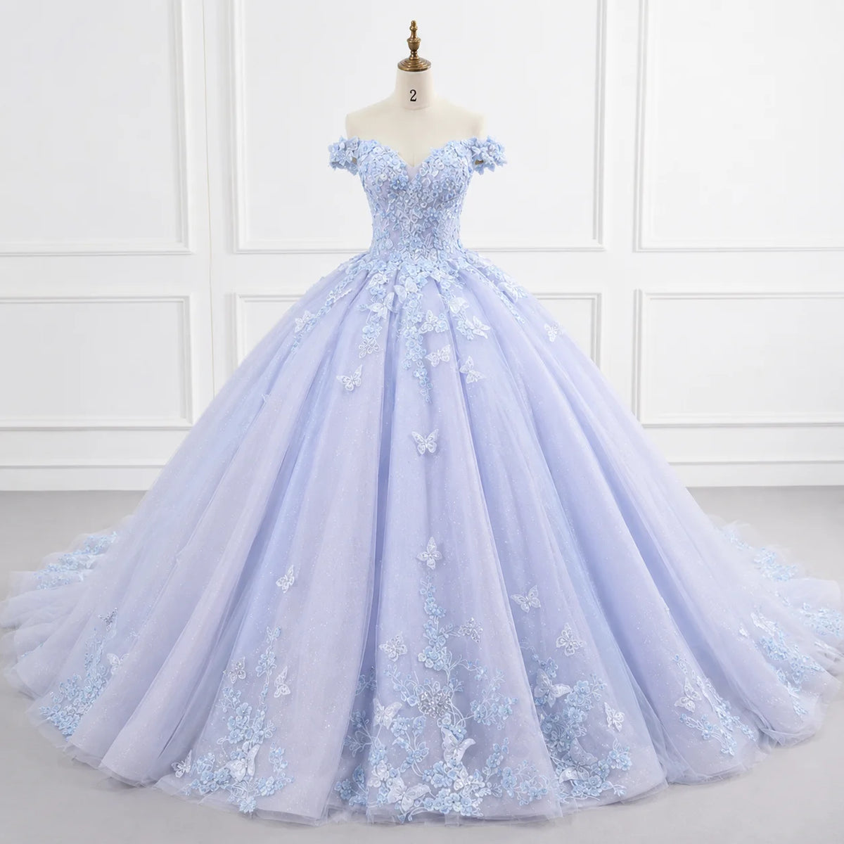 Luxury Ice Blue Quinceanera Ball Gown Empire Waist Modest Embroidered Shoulder 3D Butterfly Lace Applique Beaded Corset Tulle MegaBDM