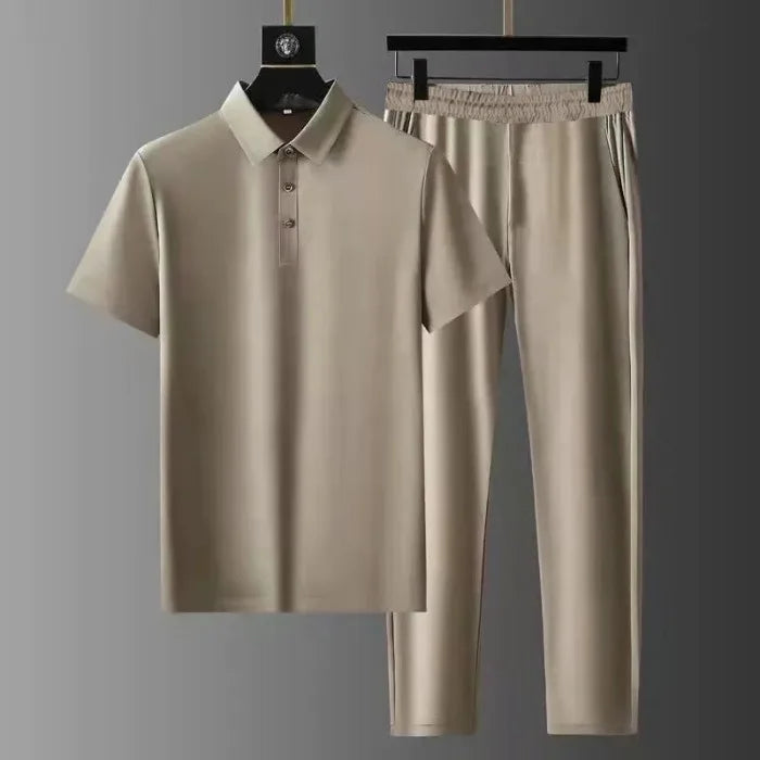 Mens Quick Dry Ice Silk Polo Shirt and Pants Set Summer Short Sleeve Two Piece Tracksuit Casual Stretch Activewear Outfit Suit MegaBDM