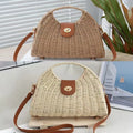 Lightweight Half Moon Hand Woven Straw Bag Large Capacity Crossbody Single Shoulder Bag Polyester Lining Travel Handbag