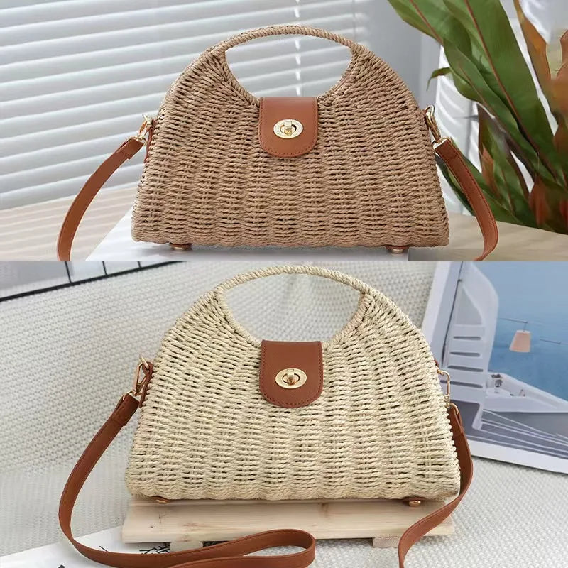 Lightweight Half Moon Hand Woven Straw Bag Large Capacity Crossbody Single Shoulder Bag Polyester Lining Travel Handbag