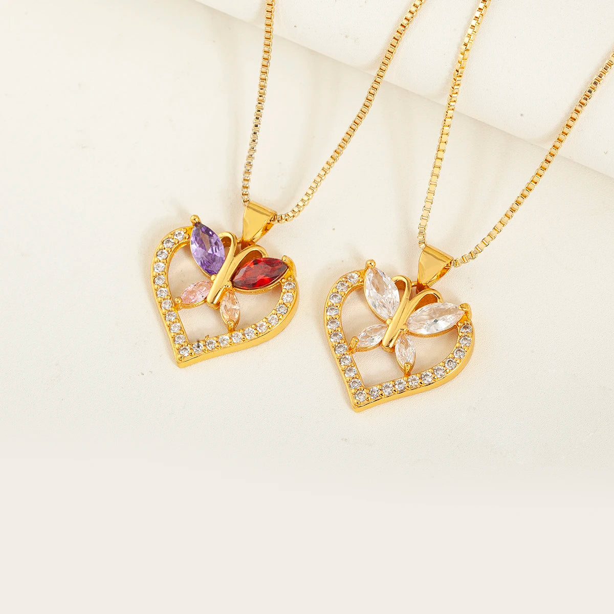 QIKUElegant Heart and Butterfly Pendant Necklace Bohemian Trendy Copper Jewelry Romantic Crystal Necklace for Wife Daily Wear