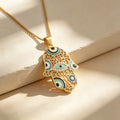 QIKU Hollow Out Palm Shape Eye Pendant Women Necklace Copper Zircon Neck Chain Jewelry Unisex Gift Wholesale Dropshipping