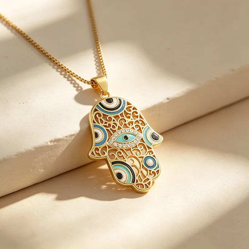 QIKU Hollow Out Palm Shape Eye Pendant Women Necklace Copper Zircon Neck Chain Jewelry Unisex Gift Wholesale Dropshipping