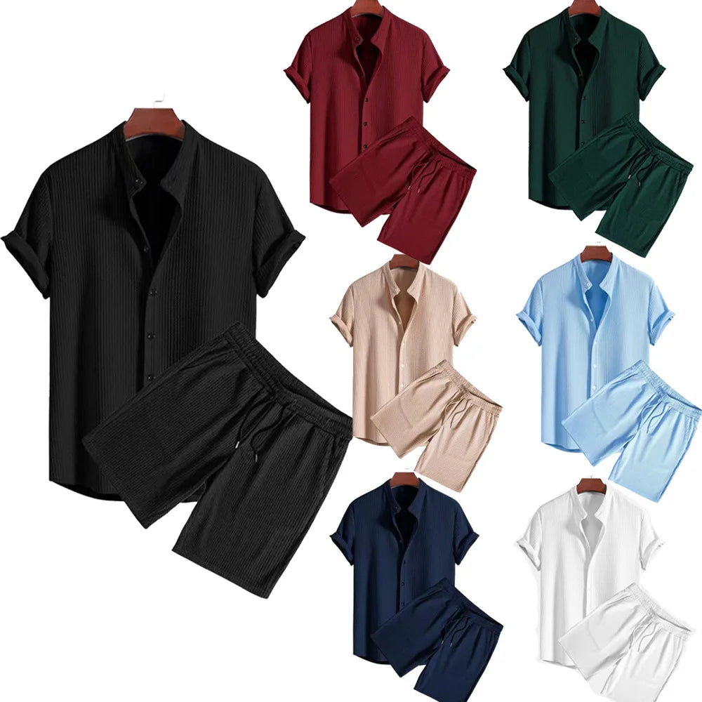 China Bangladesh Factory Price OEM Customized Logo Embroidery Ice Silk Striped Stand Collar Men Outerwear Set MegaBDM