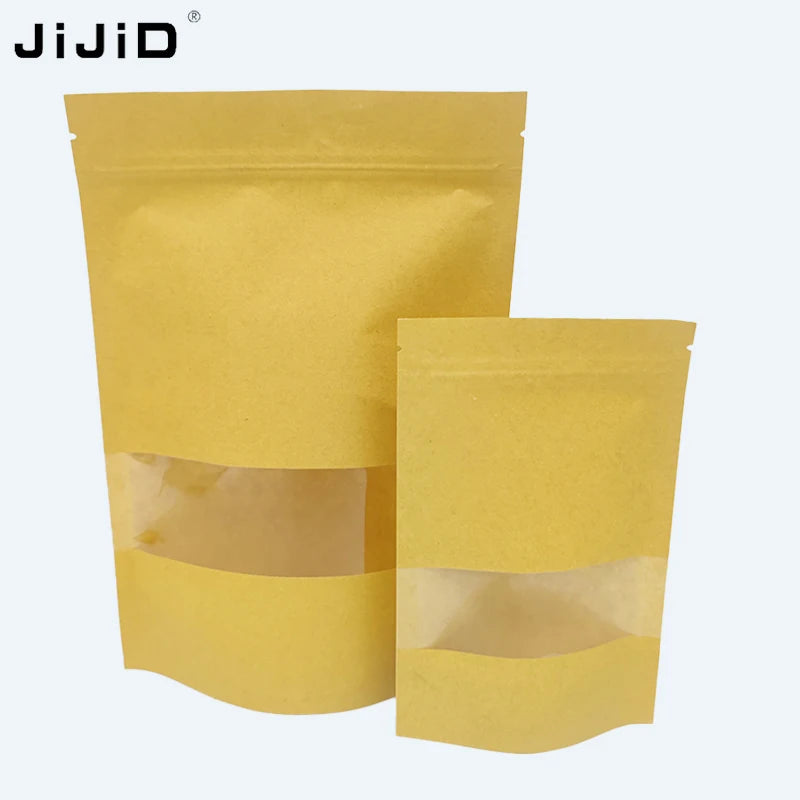 JIJID Custom Ziplock Stand up Kraft Paper Pouch with Window Moisture-Proof Coffee Tea and Food Packaging Bags