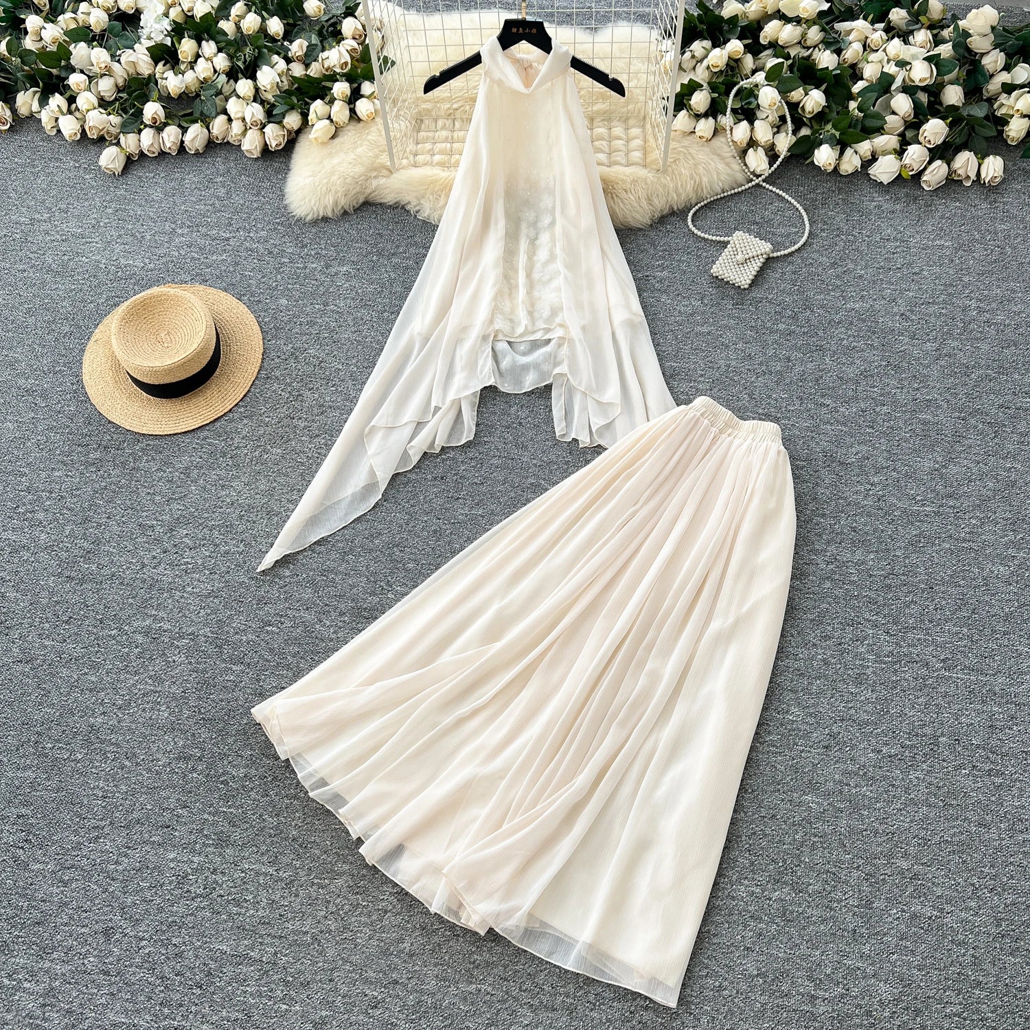 Summer Women's Casual Sets Halter Asymmetric Top And High Waist 3D Chiffon Skirts Set Clothing Wholesale