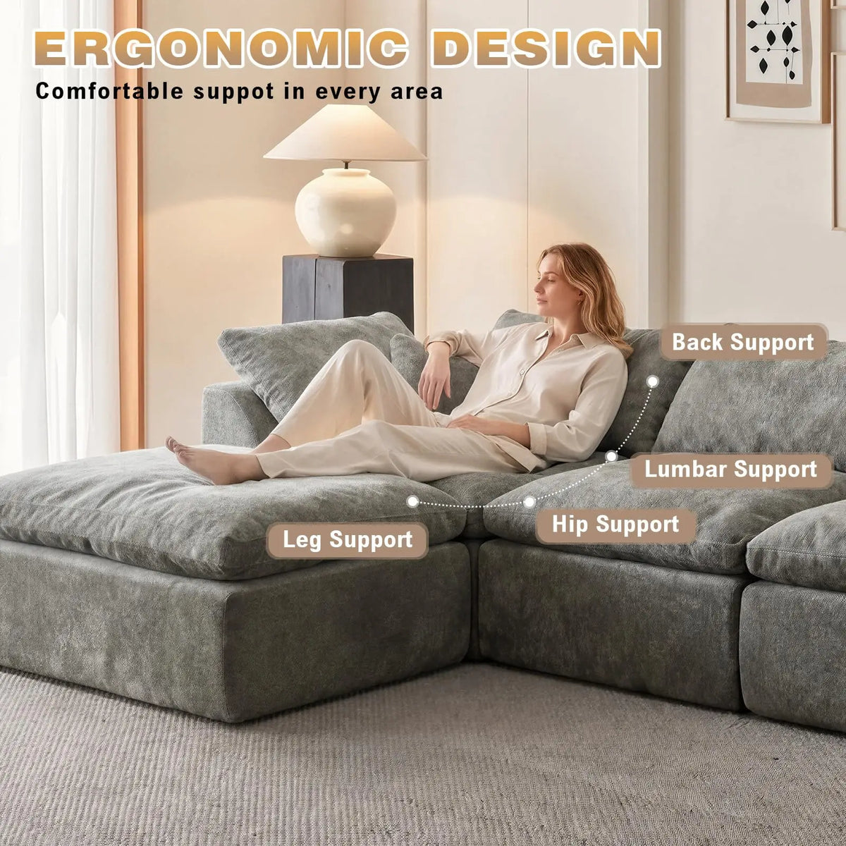 109 Inch Modern Cloud L Shaped Sofa Bed Oversized Deep Seat Chenille Fabric Modular Sectional Sofa with Ottoman MegaBDM