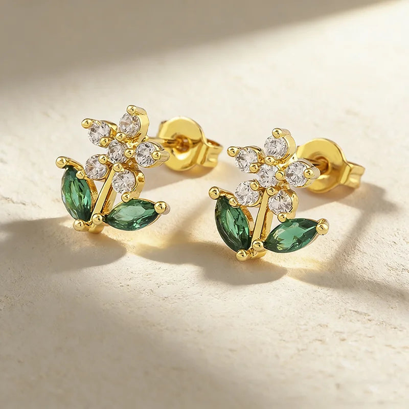 QIKU Luxury Rhinestone Flower Shape Stud Earrings Women Girl Gold Plated Copper Cubic Zirconia Fashion Jewelry Accessories Gift