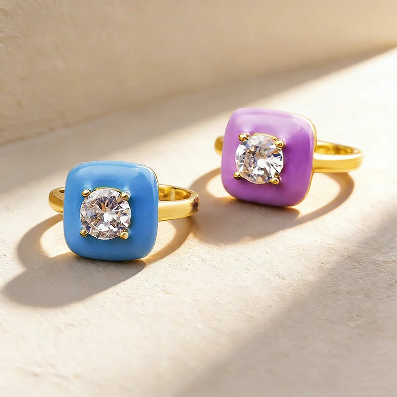 QIKU Popular Oil Droplet Enamel Candy Colors Geometric Square Adjustable Ring Trendy Vintage Copper CZ Jewelry Gift Dropshipping