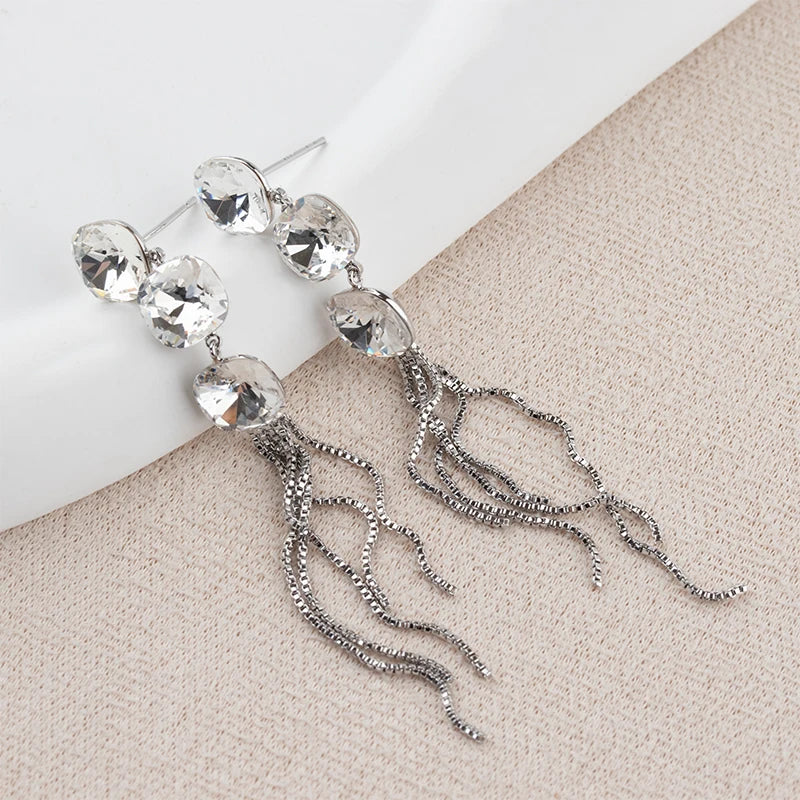 Silver Plated Tiered Rhinestone Tassel Earrings Copper Alloy Long Drop Dangle Earrings for Women MegaBDM