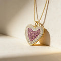QIKU Wholesale Trendy Romantic Pink Heart Shape Pendant Women Necklace Link Copper Zircon Engagement Jewelry Anniversary Gift