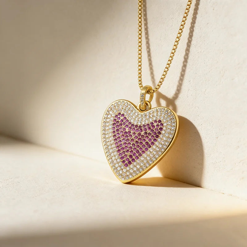 QIKU Wholesale Trendy Romantic Pink Heart Shape Pendant Women Necklace Link Copper Zircon Engagement Jewelry Anniversary Gift