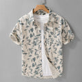 RNSHANGER Summer Leaf Print Cotton Linen Short Sleeve Shirt Mens Lapel Casual Breathable Vacation Shirts with Pocket MegaBDM