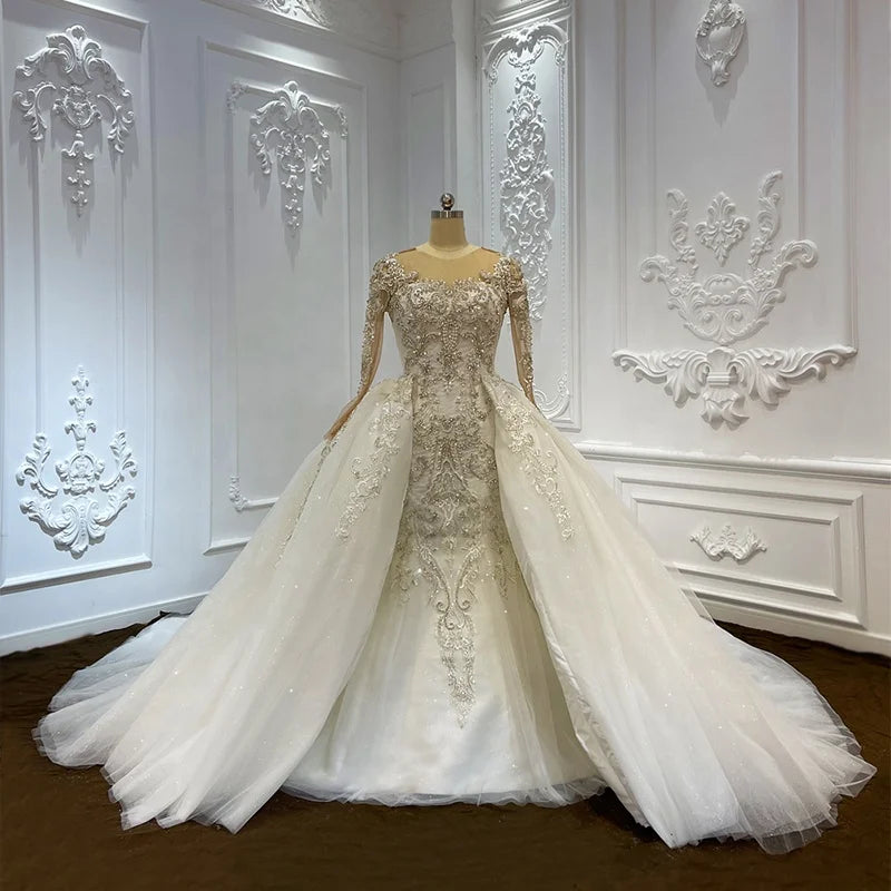 Jancember LSCJ02 Luxury Illusion Heavy Beaded Mermaid Wedding Dresses With Detachable Train