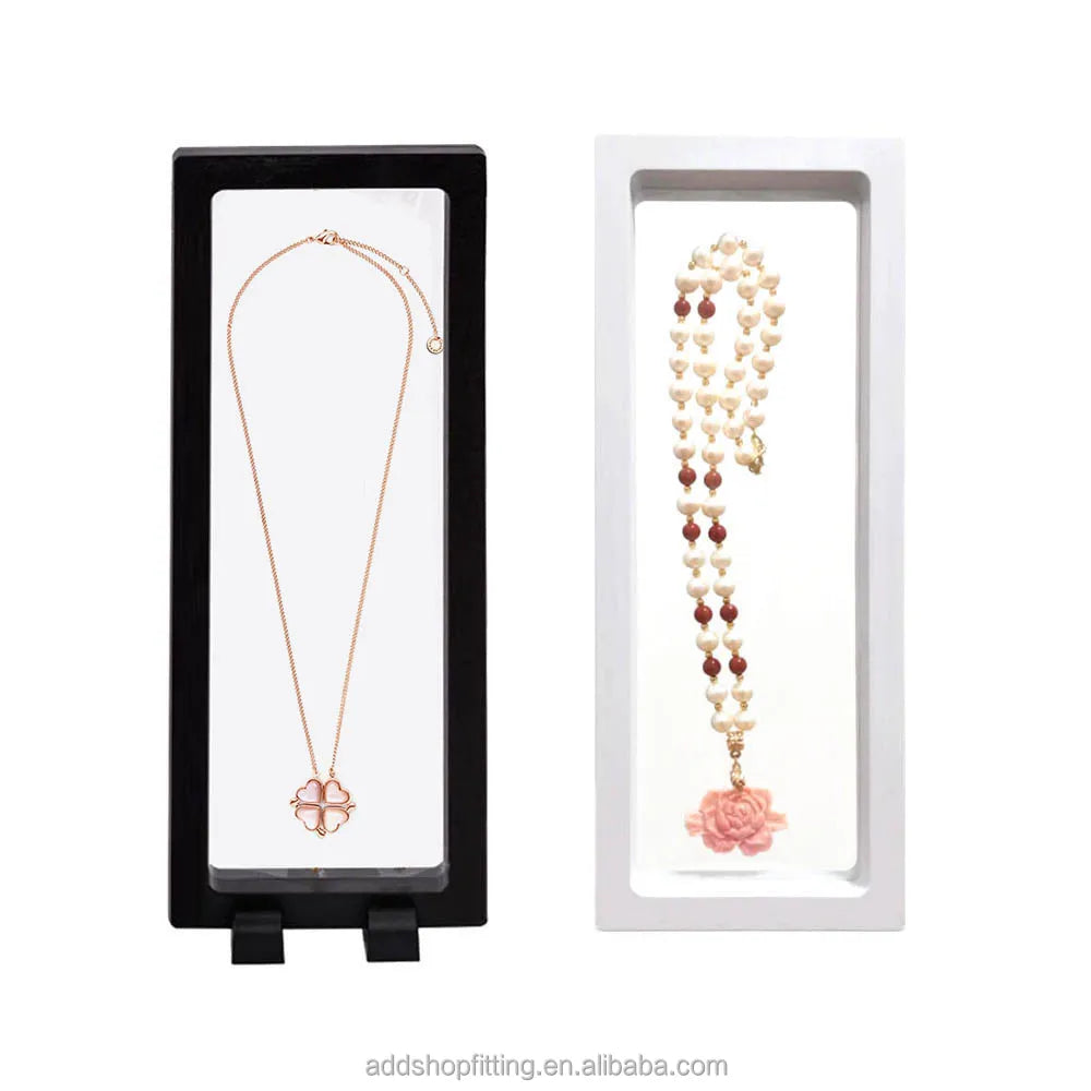 Custom Logo Modern Eco-Friendly PE Film Transparent Floating Frame Gem Necklace Box Jewelry Display Case