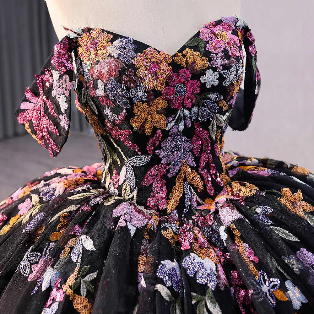 Jancember 241029 Classic Black Sweetheart Sequins Flower Ball Gown Quinceanera Dresses