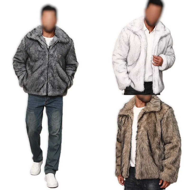 OEM Custom Logo 2026 Winter Fashion Slim Overcoat Mens Faux Fox Fur Jacket Short Lapel Zipper Closure Loose Fit Outerwear Coat MegaBDM