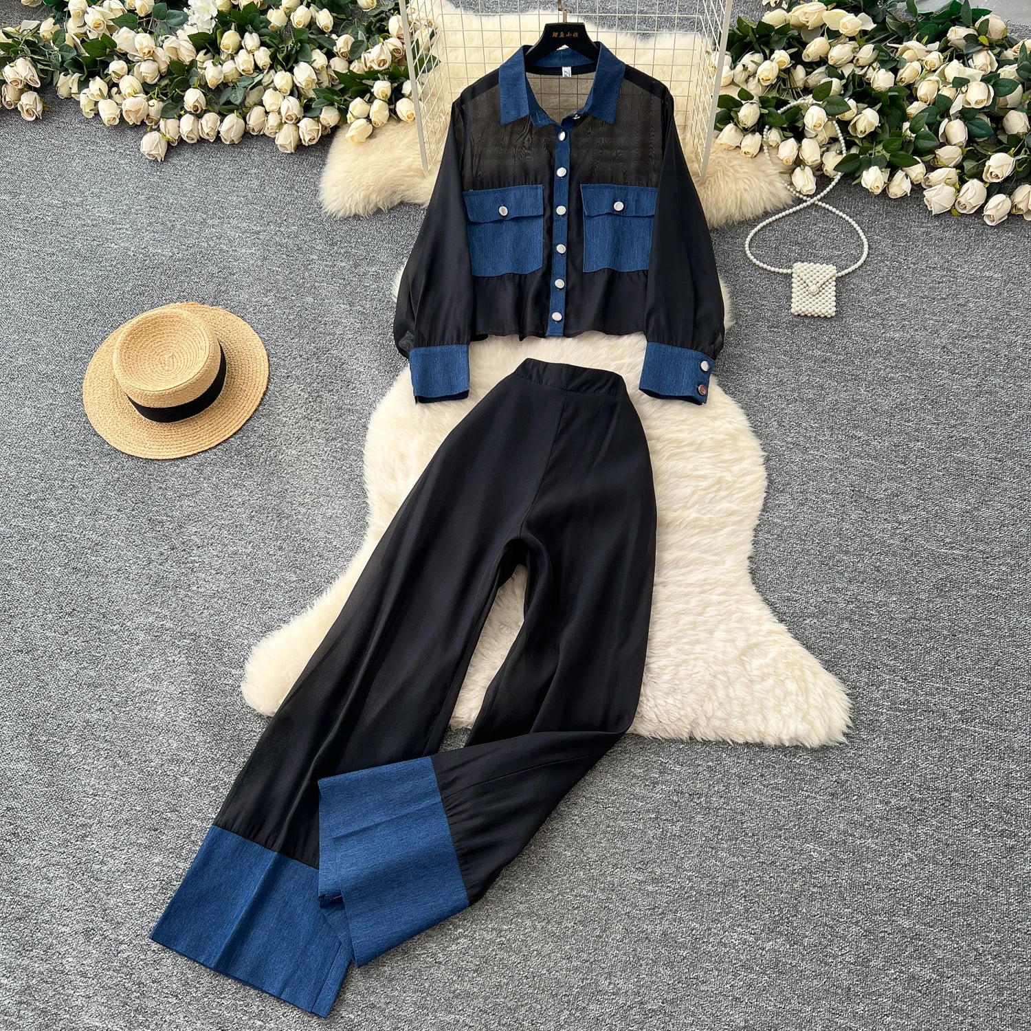 Summer Women's Casual Sets Top And High Waist Patchwork Denim Pants Set Ropa Wholesale