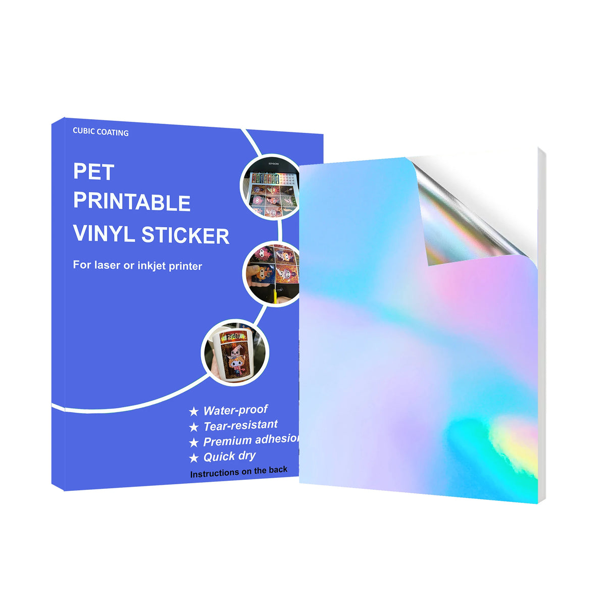 8.5*11 Inch Holographic Rainbow Printable Waterproof PP Tear Proof A4 Inkjet Permanent Adhesive Vinyl Sticker Paper for Craft MegaBDM