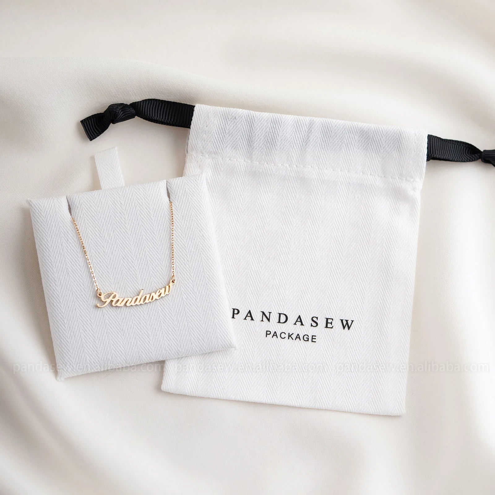 PandaSew Herringbone Cotton Drawstring Bags with Insert Pad Necklace Bracelet Ring Pendant Jewelry Pouch