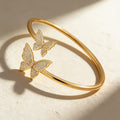 QIKU Top Quality Double Butterfly Simple Design Crystal Opening Bracelet Gold Plated Adjustable Cuff Bangle Party Jewelry Gift