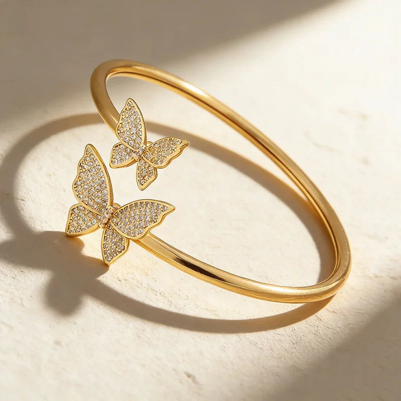 QIKU Top Quality Double Butterfly Simple Design Crystal Opening Bracelet Gold Plated Adjustable Cuff Bangle Party Jewelry Gift