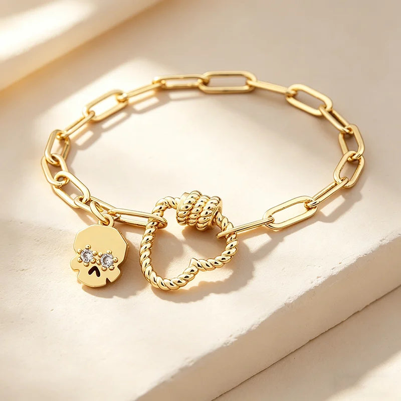 QIKU Fashion Heart Shape Bangles Chain Bracelet Charm Gold Plated Pendant Copper Zircon Jewelry Women Accessories Birthday Gift